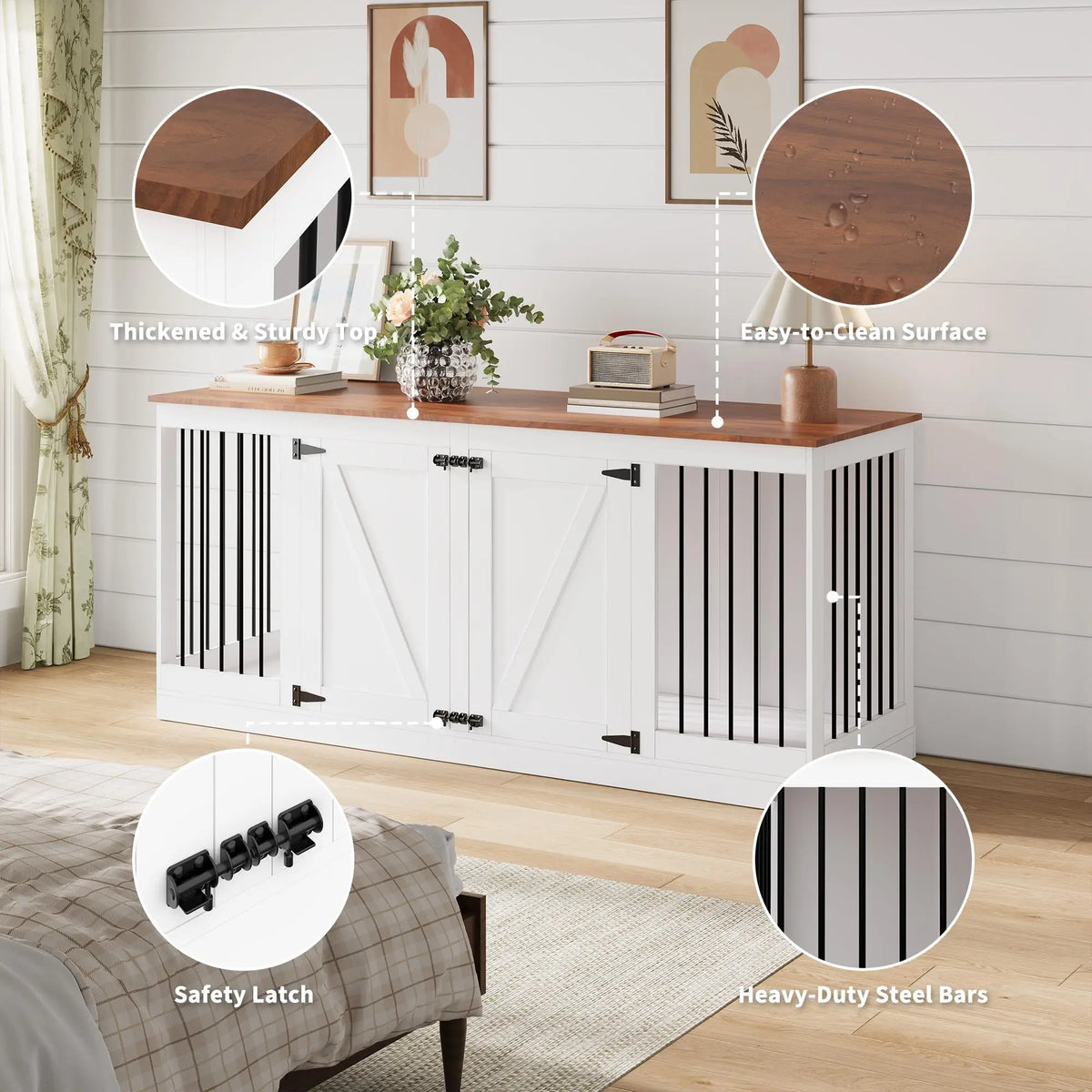 70.8" Farmhouse Dog Crate Furniture TV Stand for 2 Dogs - Heavy-Duty MDF Wooden Kennel with Removable Divider - Reinforced Steel Bars - 2 Lockable Doors, Black