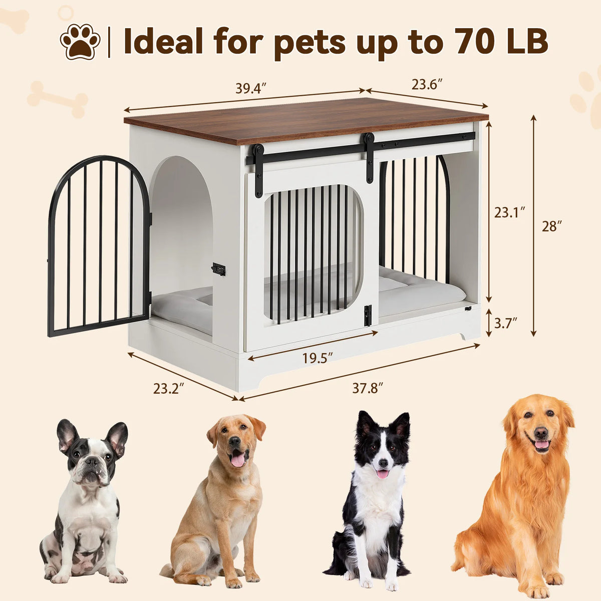 Furniture Style Dog Crate Table, 70 LB Heavy-Duty Dog Cage with Sliding Barn Door, Side Door, Ultra-Soft Plush Mat, 3-in-1 Dog Crate Table for Small Medium Large Dogs and Home Use