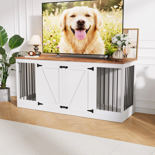 70.8" Farmhouse Dog Crate Furniture TV Stand for 2 Dogs - Heavy-Duty MDF Wooden Kennel with Removable Divider - Reinforced Steel Bars - 2 Lockable Doors, Black