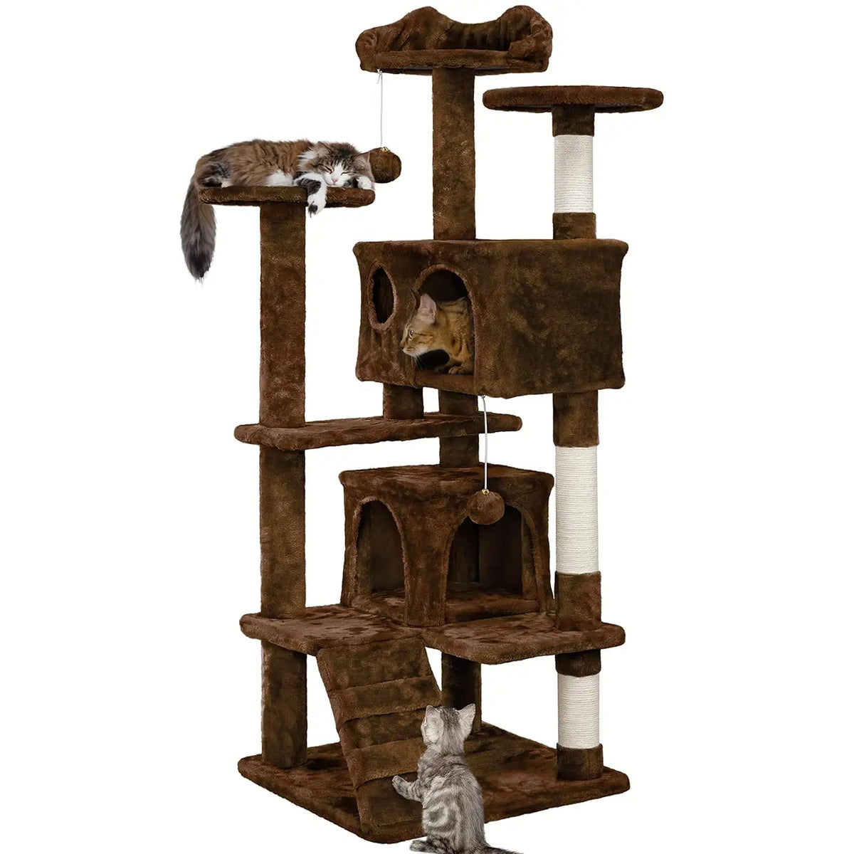 54in Multi-Level Cat Tree Kitten-ear Perch 2 Caves Scratch Posts Ladder 2 Balls Indoor Kittens Durable Pet Furniture , Custom