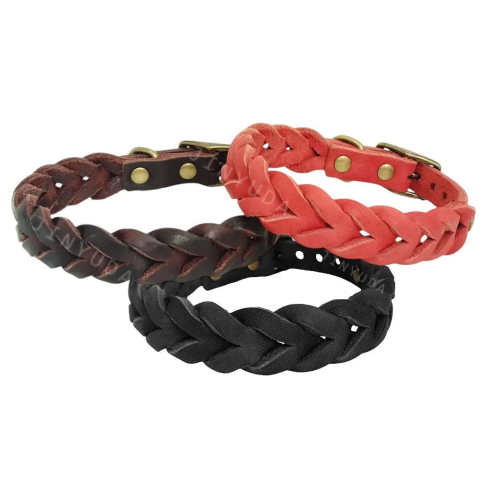 Top Layer Cowhide Dog Collars Luxury Genuine Leather Bradied Dog Collar Durable Adjustable Pet Necklace For Puppy and Large Dogs