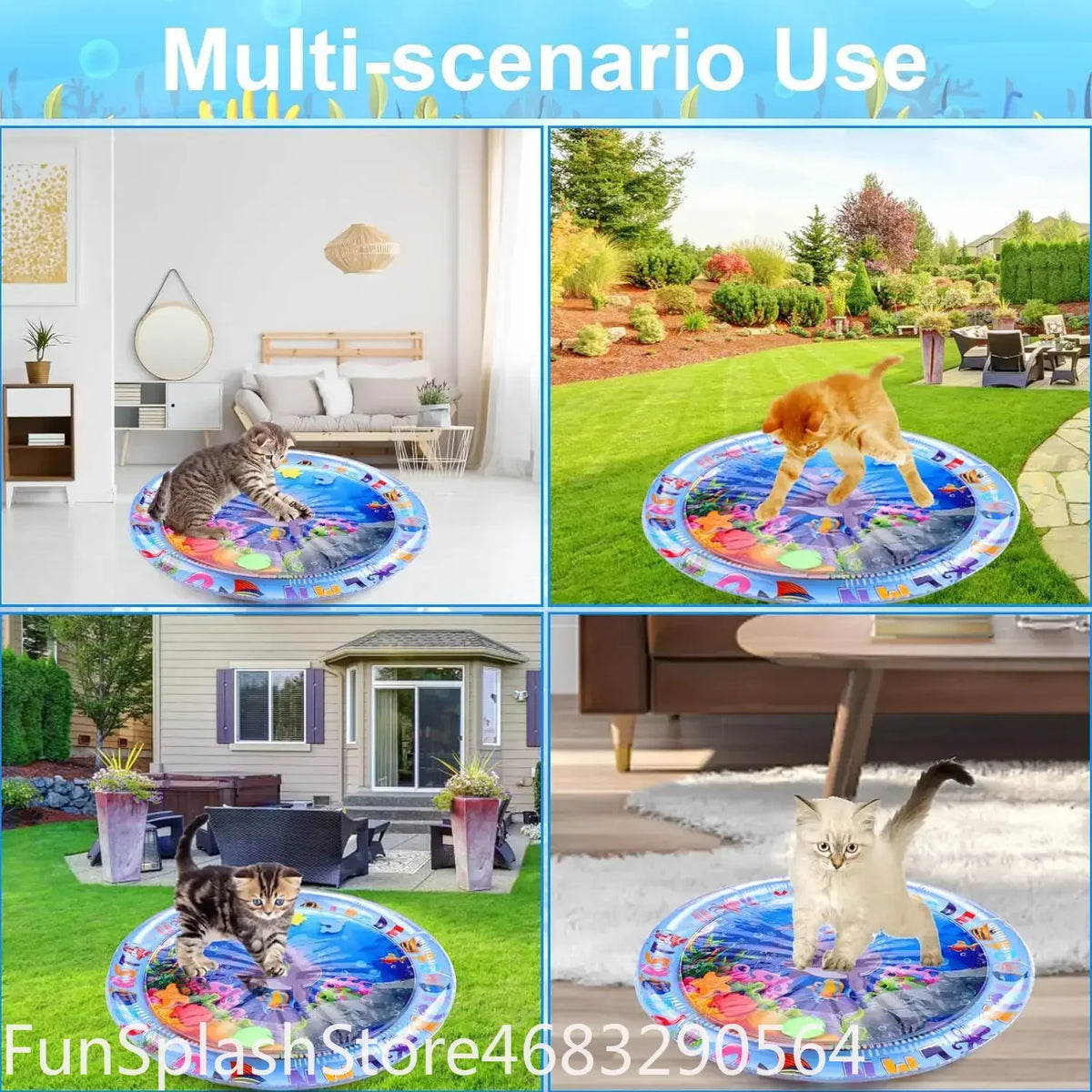 Thickened Inflatable Water Sensory Play Mat Ocean Fish Theme Water Play Mat For Dogs Cats Pet Cooling Sensory Toy Indoor Outdoor Pet Playmat
