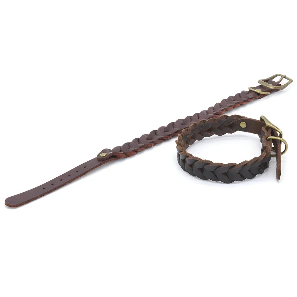 Top Layer Cowhide Dog Collars Luxury Genuine Leather Bradied Dog Collar Durable Adjustable Pet Necklace For Puppy and Large Dogs