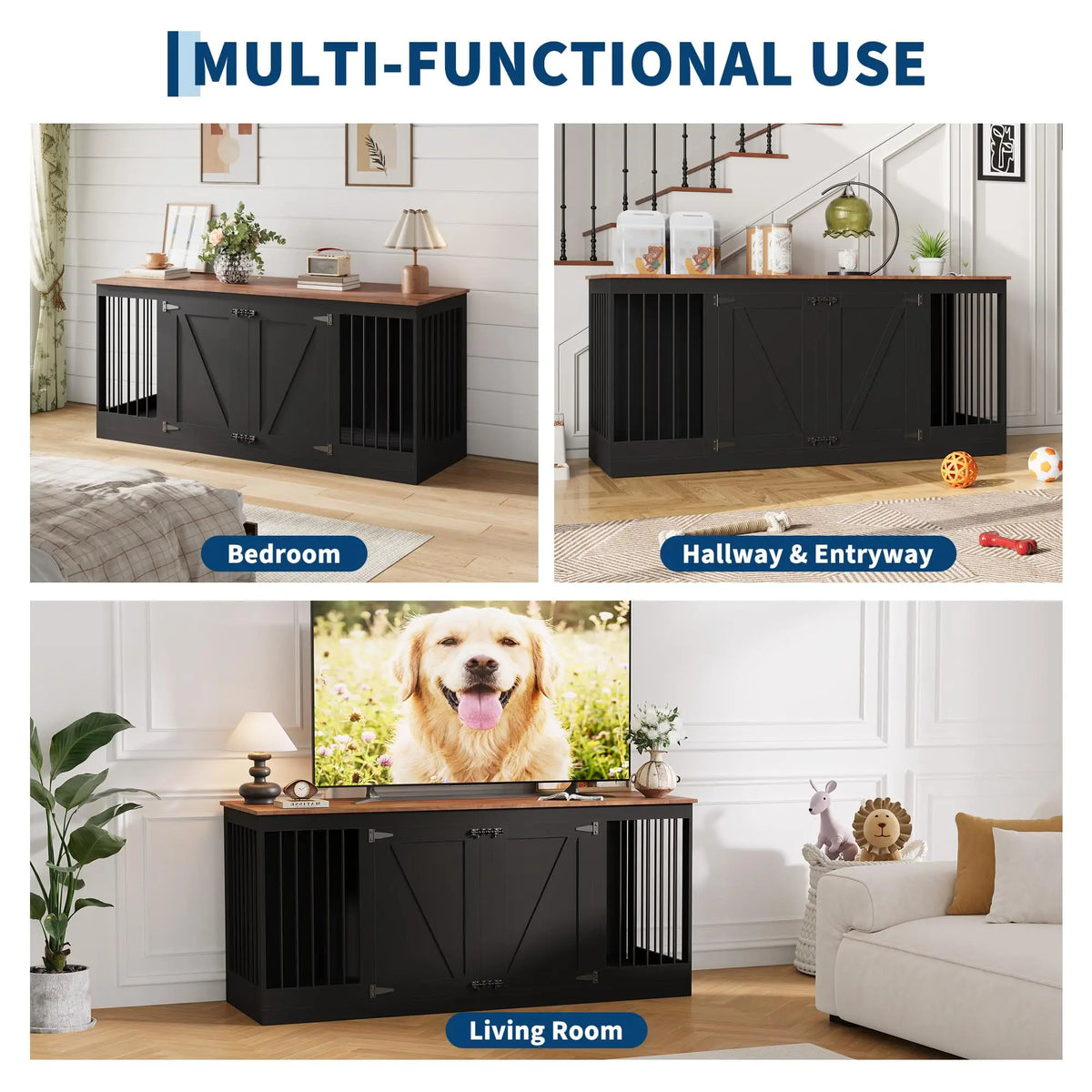 70.8" Farmhouse Dog Crate Furniture TV Stand for 2 Dogs - Heavy-Duty MDF Wooden Kennel with Removable Divider - Reinforced Steel Bars - 2 Lockable Doors, Black