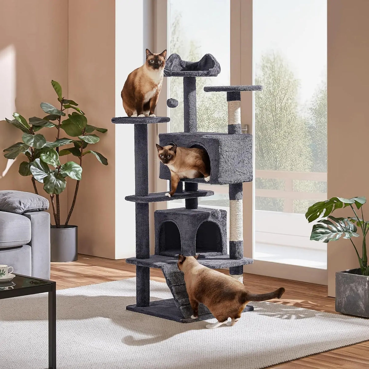 54in Multi-Level Cat Tree Kitten-ear Perch 2 Caves Scratch Posts Ladder 2 Balls Indoor Kittens Durable Pet Furniture , Custom