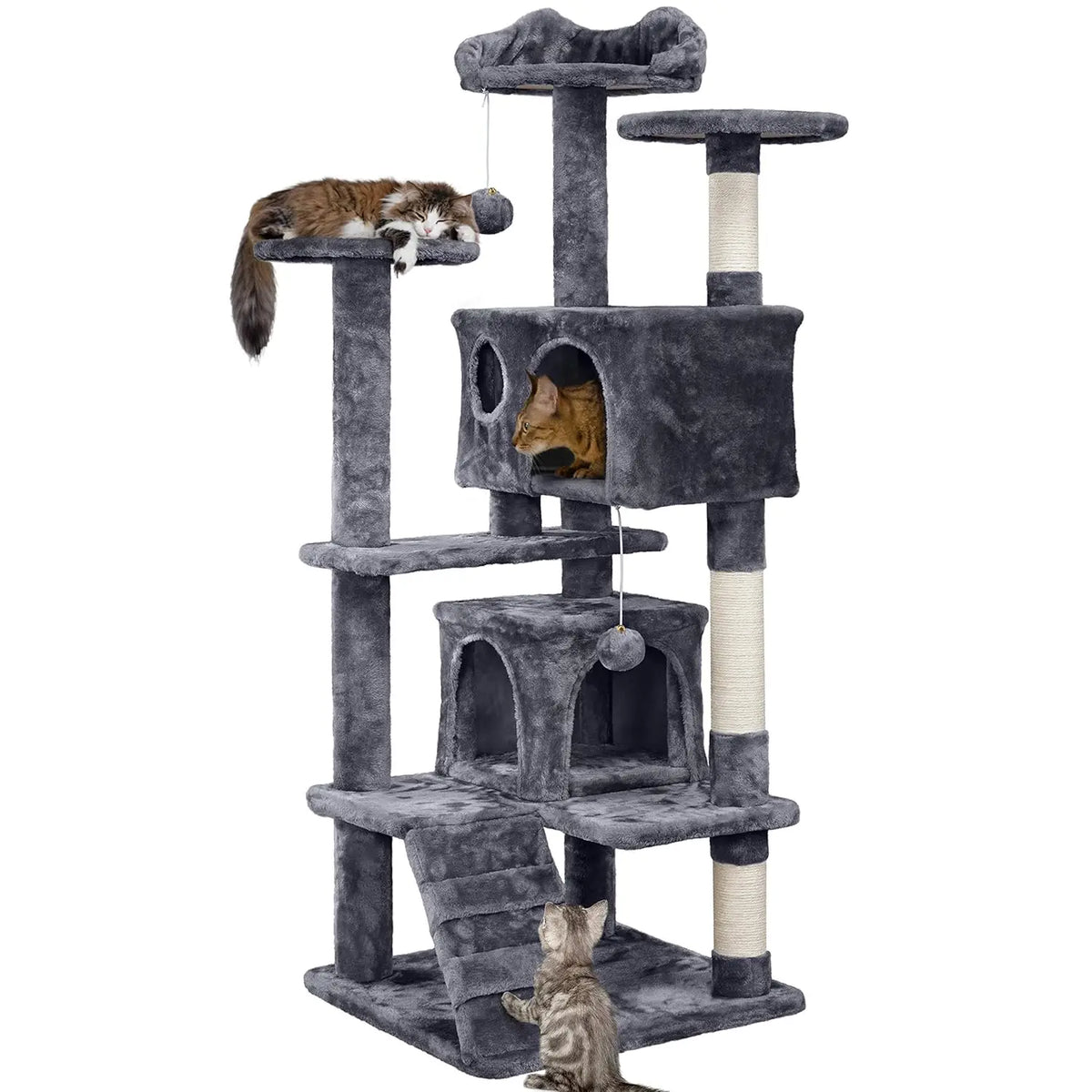 54in Multi-Level Cat Tree Kitten-ear Perch 2 Caves Scratch Posts Ladder 2 Balls Indoor Kittens Durable Pet Furniture , Custom