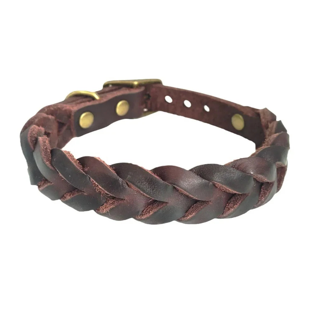 Top Layer Cowhide Dog Collars Luxury Genuine Leather Bradied Dog Collar Durable Adjustable Pet Necklace For Puppy and Large Dogs