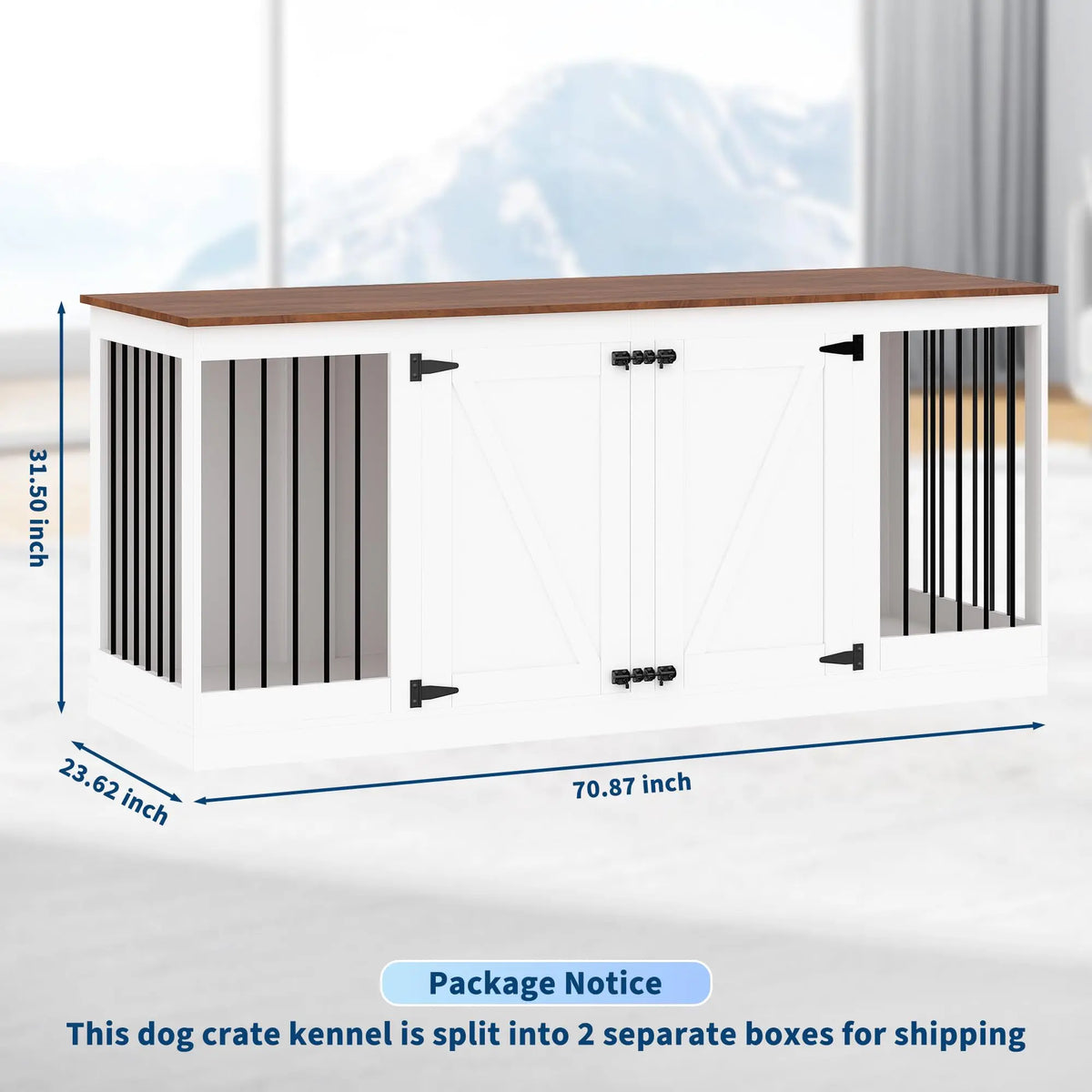 70.8" Farmhouse Dog Crate Furniture TV Stand for 2 Dogs - Heavy-Duty MDF Wooden Kennel with Removable Divider - Reinforced Steel Bars - 2 Lockable Doors, Black