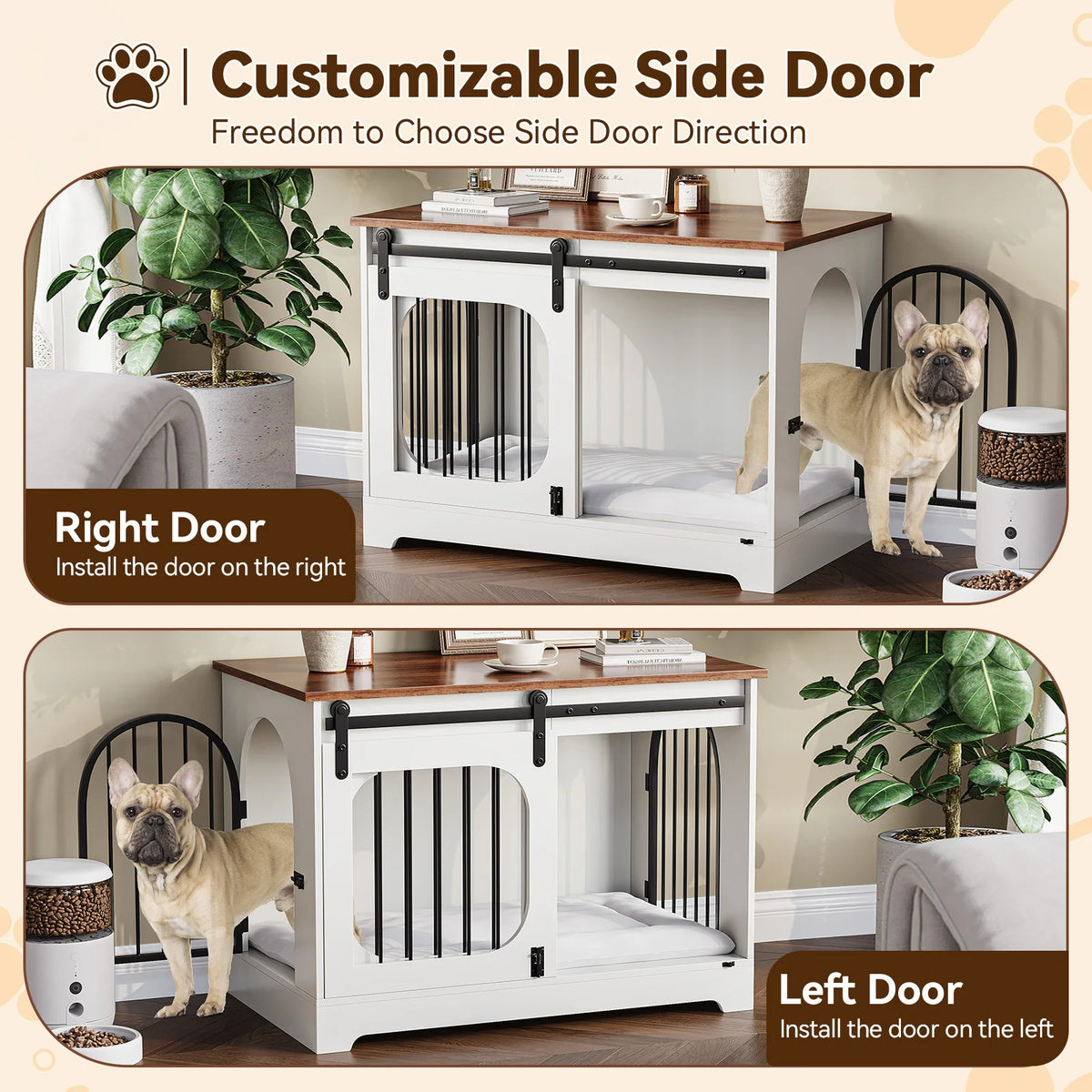 Furniture Style Dog Crate Table, 70 LB Heavy-Duty Dog Cage with Sliding Barn Door, Side Door, Ultra-Soft Plush Mat, 3-in-1 Dog Crate Table for Small Medium Large Dogs and Home Use