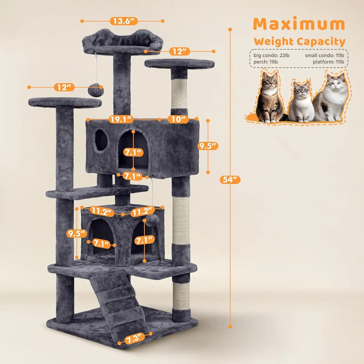 54in Multi-Level Cat Tree Kitten-ear Perch 2 Caves Scratch Posts Ladder 2 Balls Indoor Kittens Durable Pet Furniture , Custom