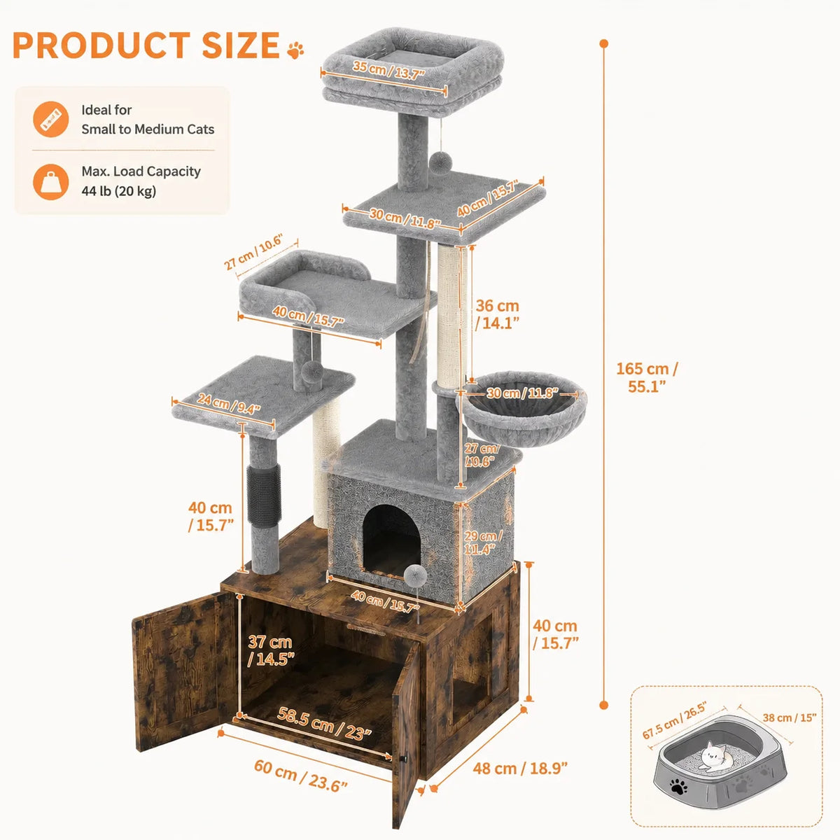 3-in-1 Modern Cat Tree with Hidden Litter Box Enclosure, Cat Condo Furniture with Scratching Post, Hammock & Platforms, Odor Control Tower for Small Spaces, Rustic Brown
