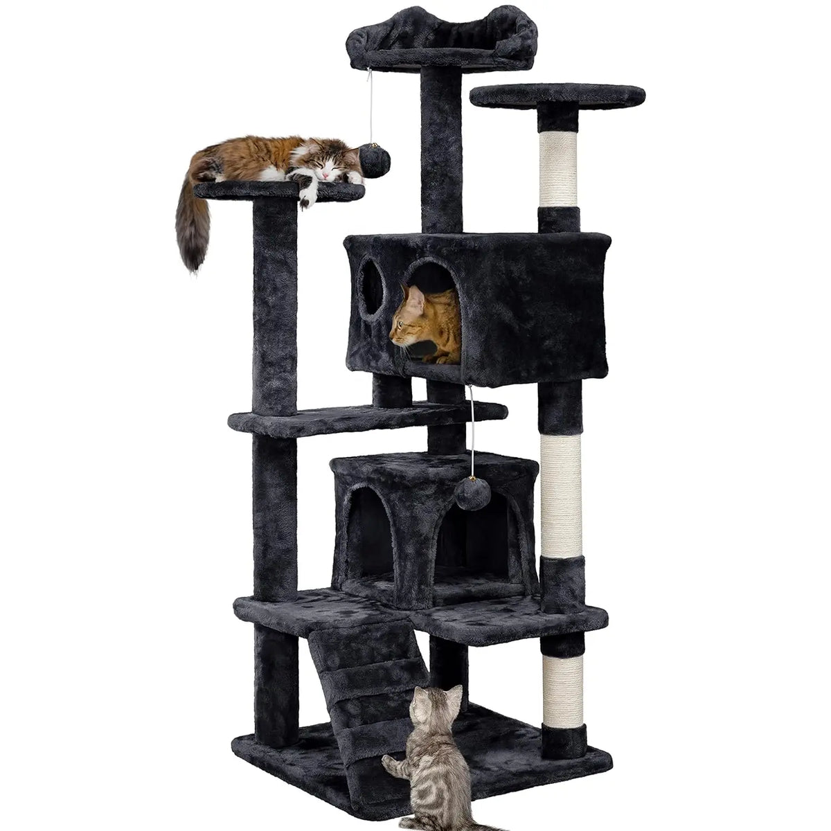 54in Multi-Level Cat Tree Kitten-ear Perch 2 Caves Scratch Posts Ladder 2 Balls Indoor Kittens Durable Pet Furniture , Custom