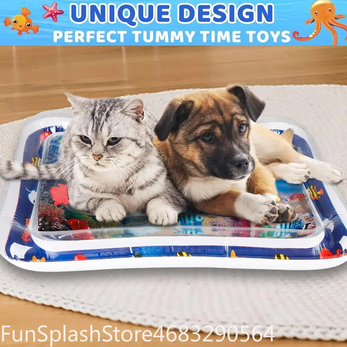 Thickened Inflatable Water Sensory Play Mat Ocean Fish Theme Water Play Mat For Dogs Cats Pet Cooling Sensory Toy Indoor Outdoor Pet Playmat