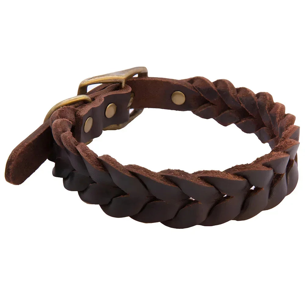Top Layer Cowhide Dog Collars Luxury Genuine Leather Bradied Dog Collar Durable Adjustable Pet Necklace For Puppy and Large Dogs