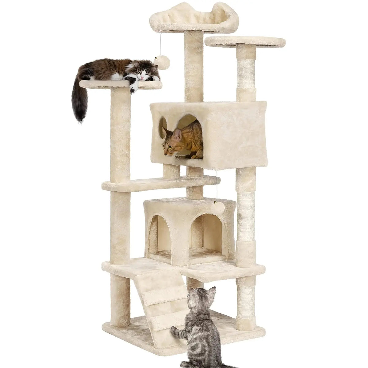 54in Multi-Level Cat Tree Kitten-ear Perch 2 Caves Scratch Posts Ladder 2 Balls Indoor Kittens Durable Pet Furniture , Custom