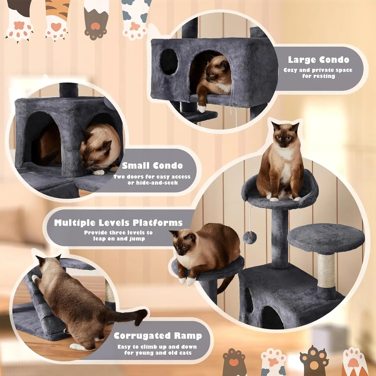 54in Multi-Level Cat Tree Kitten-ear Perch 2 Caves Scratch Posts Ladder 2 Balls Indoor Kittens Durable Pet Furniture , Custom
