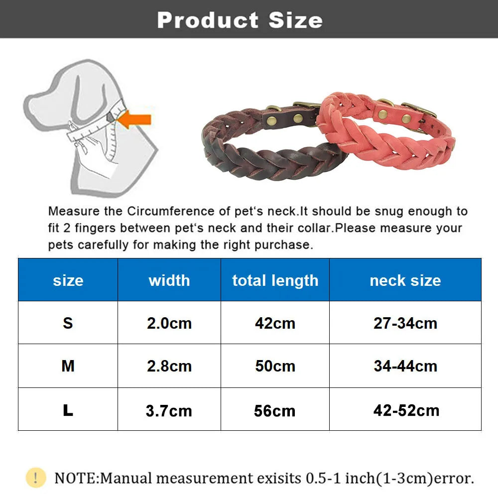 Top Layer Cowhide Dog Collars Luxury Genuine Leather Bradied Dog Collar Durable Adjustable Pet Necklace For Puppy and Large Dogs